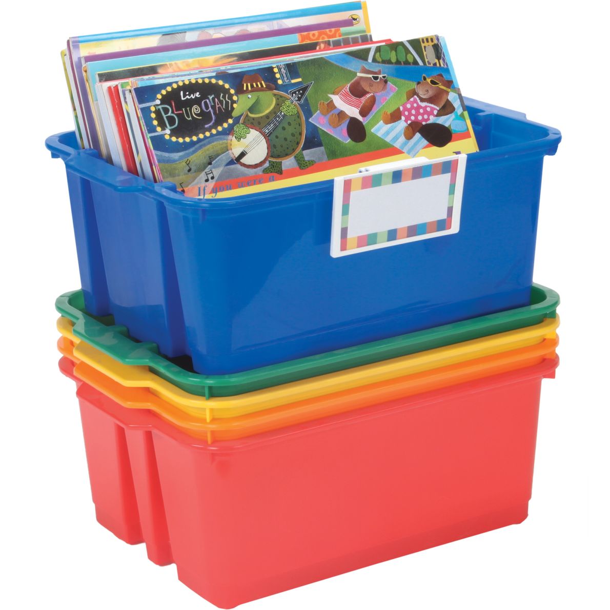 Classroom Stacking Bins With Universal Label Holders 5Pack, Primary