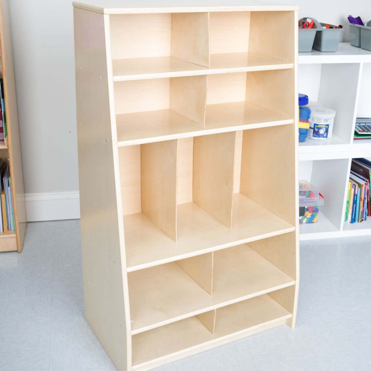 Oak Storage Shelf With Bins 1 storage unit, 13 baskets and bins