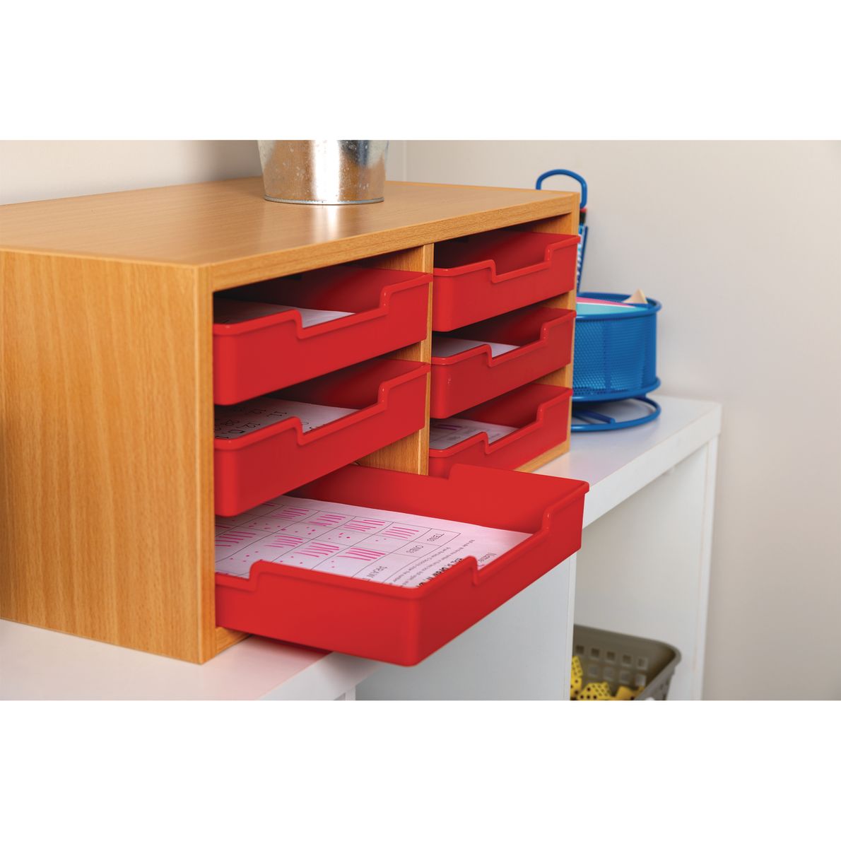 Oak 6Slot Mail Center With Trays Single Color 1 mail center, 6 trays