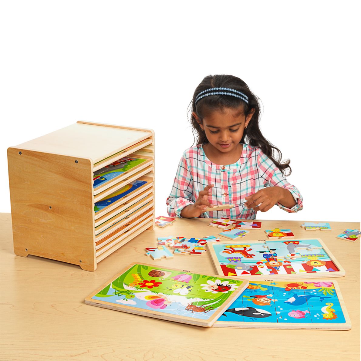 Wooden 16-Piece Puzzle - Set of 12 with Storage Shelf