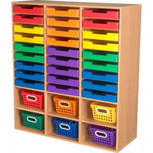 Really Good Stuff® 27-Slot Mail And Supplies Center With 27 Trays, 6 Cubbies, And Baskets - Grouping - 1 mail center, 6 baskets