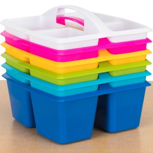 Really Good Stuff Six-Equal-Compartment Caddies, Set of 6, Assorted Colors - Plastic Caddy Organizers with Built-In Handles and Stackable Design