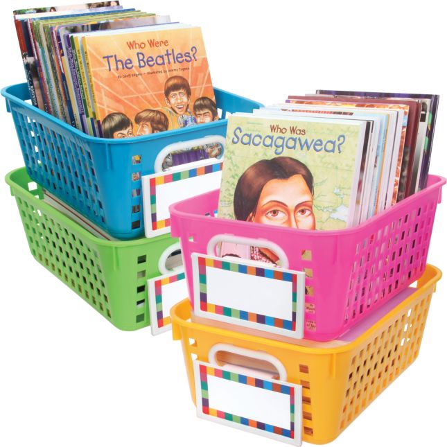 Book Baskets, Medium Rectangle With Label Holders - Neon - 4 baskets, 4 label holders, 8 labels