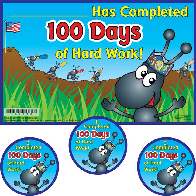 100th Day Hard Worker Certificate And Sticker Set