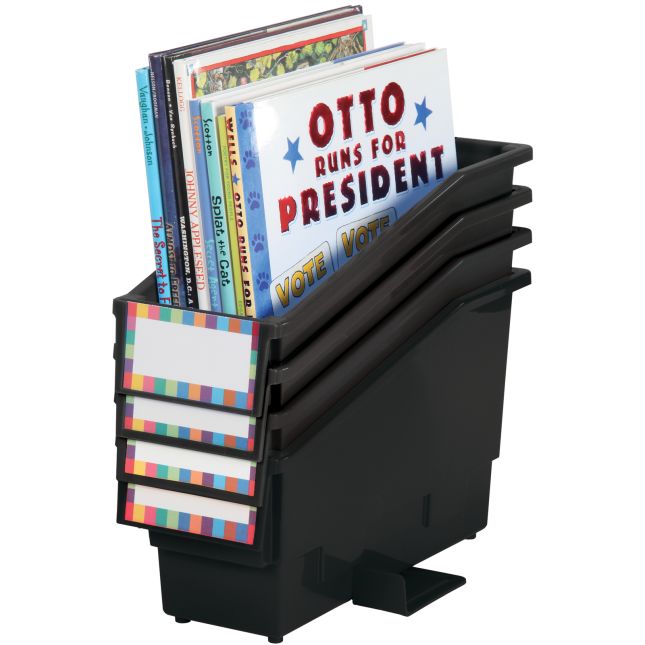 Book And Binder Holder With Stabilizer Wing And Label Holder™ - Black - 4 bins, 8 labels, 4 label covers