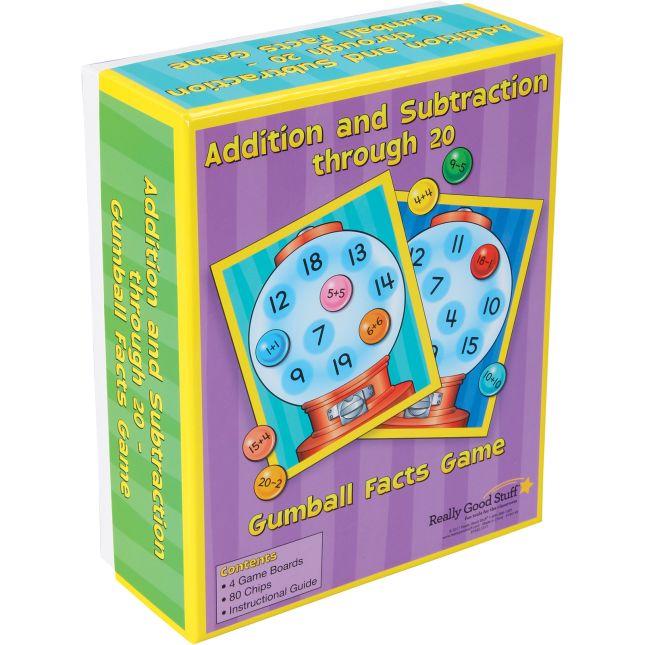 Addition And Subtraction Through 20 Gumball Facts Game - 4 mats, 80 chips