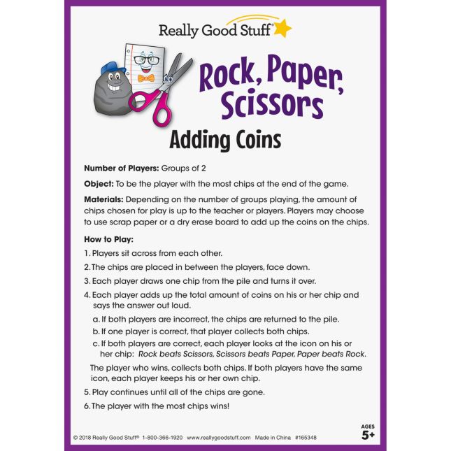 Really Good Stuff® Rock, Paper, Scissors Math Game - Adding Coins - 1 game