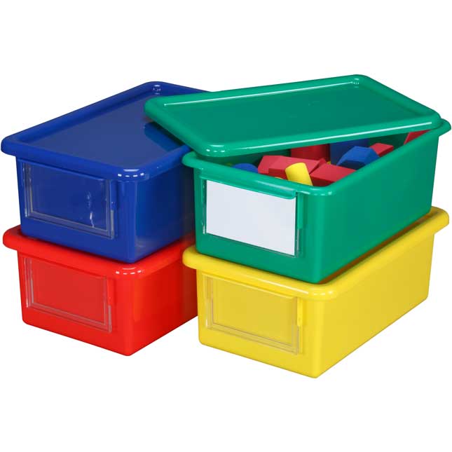 Medium Easy-Label Bins With Lids, 4-Pack, Primary