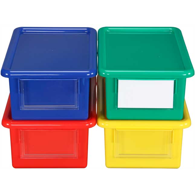 Medium Easy-Label Bins With Lids, 4-Pack, Primary