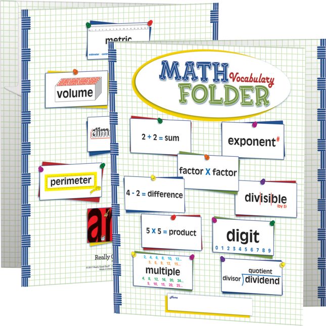 Math Vocabulary Tri-Fold 3-Pocket Folders - Intermediate - 12 folders