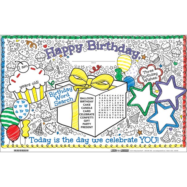 Ready-To-Decorate® Doodle Birthday Activity Mats - 32 mats