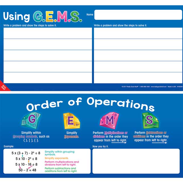 GEMS Order Of Operations Poster And Write Again® Mats - 1 poster, 6 activity mats