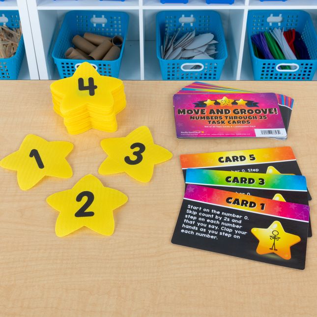 Carpet Mark-Its  Move And Groove! Numbers Through 25 Task Cards Kit - 26 carpet spots, 20 task cards