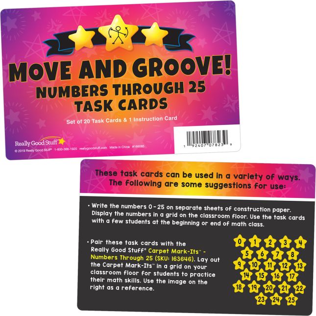 Carpet Mark-Its  Move And Groove! Numbers Through 25 Task Cards Kit - 26 carpet spots, 20 task cards