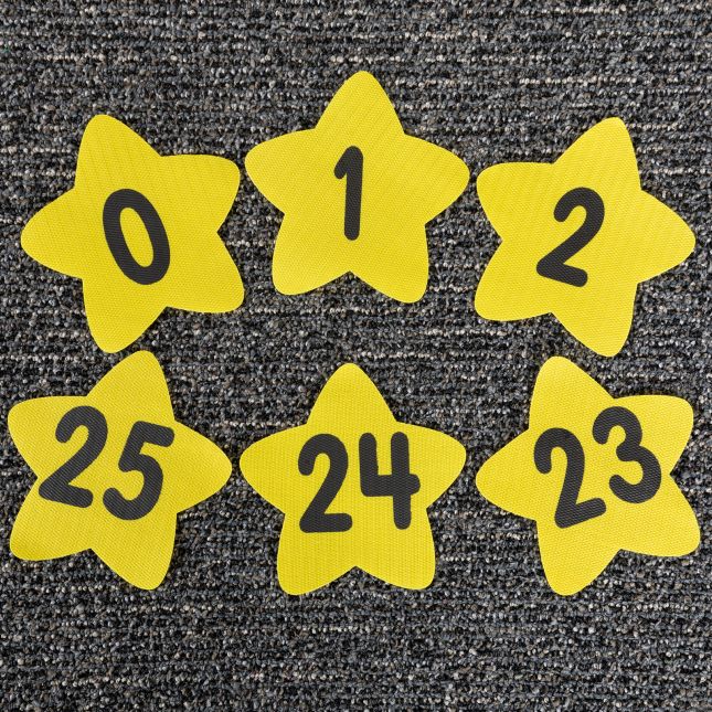 Carpet Mark-Its  Move And Groove! Numbers Through 25 Task Cards Kit - 26 carpet spots, 20 task cards