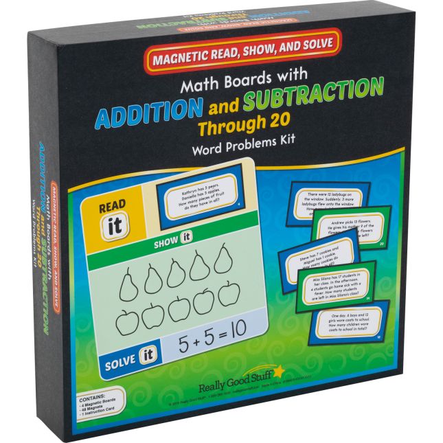 Magnetic Read, Show, And Solve Math Boards With Addition And Subtraction Through 20 Word Problems Kit - 4 boards and 48 magnets