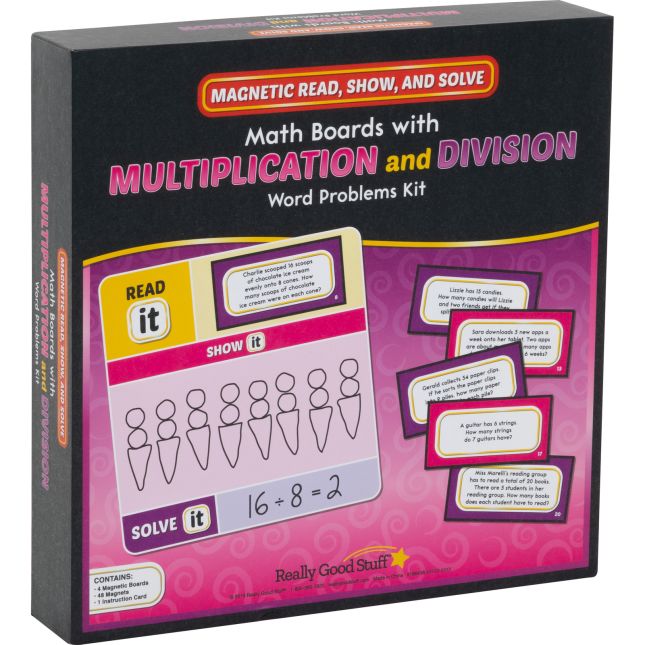 Magnetic Read, Show And Solve Math Boards With Multiplication And Division Word Problems Kit - 4 boards and 48 magnets