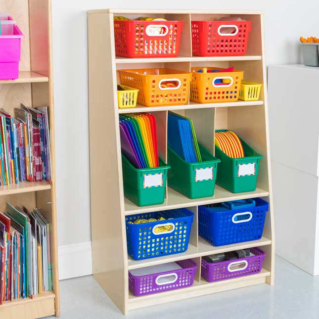 Oak Storage Shelf With Bins - 1 storage unit, 13 baskets and bins