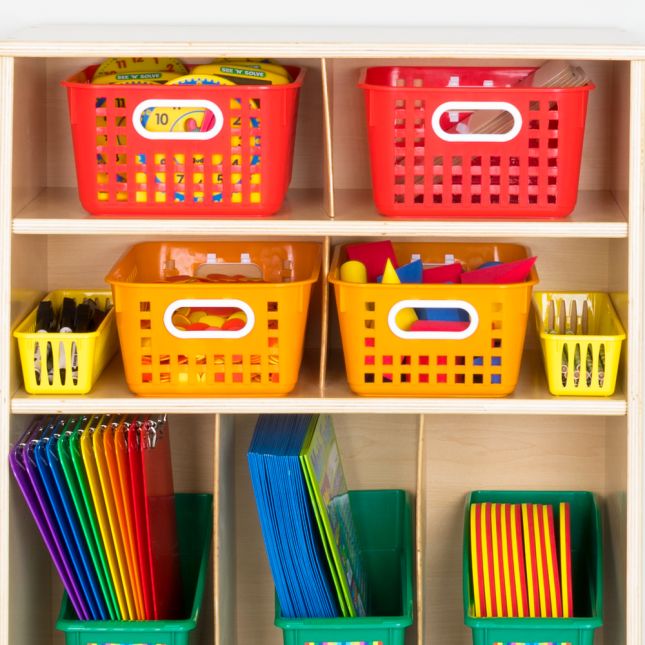 Oak Storage Shelf With Bins - 1 storage unit, 13 baskets and bins