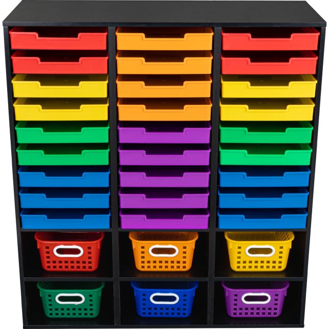 Black 27-Slot Mail And Supplies Center With 27 Trays, 6 Cubbies, And Baskets  Grouping - 1 mail center, 27 trays, 6 baskets