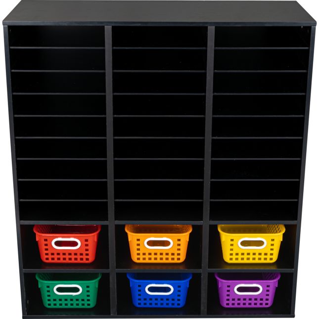 Black 27-Slot Mail And Supplies Center With 27 Trays, 6 Cubbies, And Baskets  Grouping - 1 mail center, 27 trays, 6 baskets