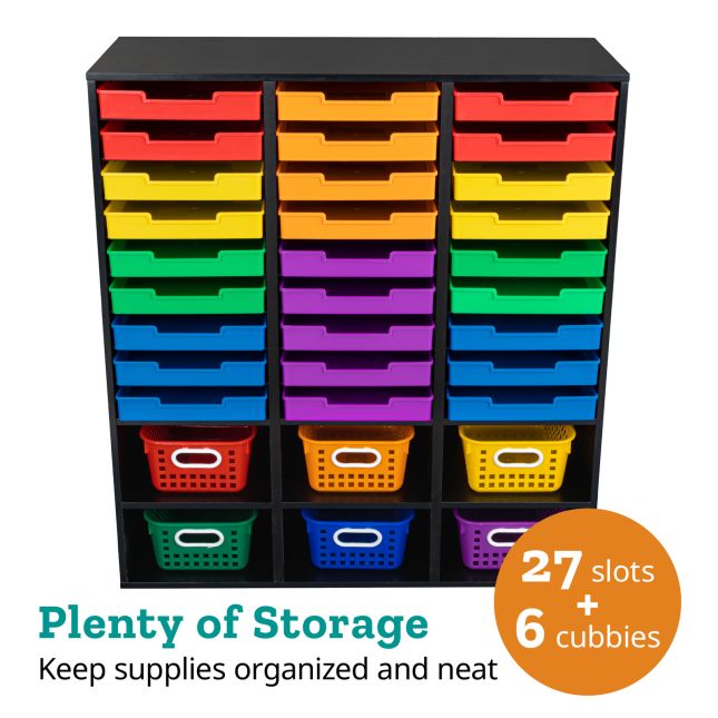 Black 27-Slot Mail And Supplies Center With 27 Trays, 6 Cubbies, And Baskets  Grouping - 1 mail center, 27 trays, 6 baskets