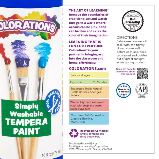 Colorations® Paraben- Free Simply Washable Tempera Paints, 16 oz. Set of 19