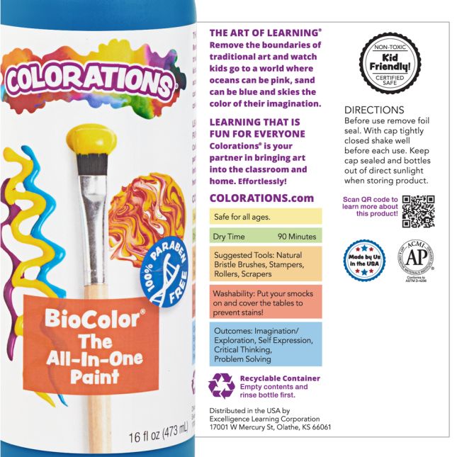 Colorations® Paraben-Free BioColor® Paint- Rainbow Pack, Set of 6, 16oz