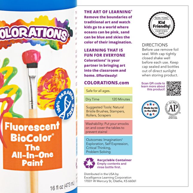 Colorations® Paraben-Free Fluorescent BioColor® Paint- Neon Blue, 16 oz.