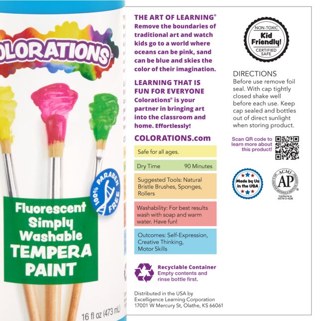 Colorations® Fluorescent Neon Simply Washable Tempera - Set of 7