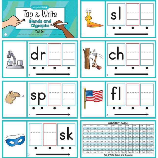 Really Good Stuff® Tap and Write Reading and Math Skills Set: CVC, Blends and Digraphs, Missing Numbers
