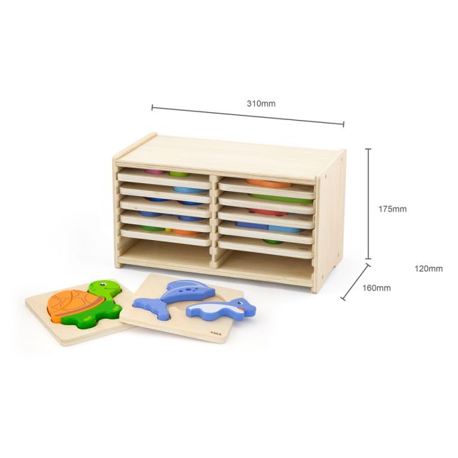 Handy Wooden Block Puzzles - 12 Piece Set with Storage Shelf