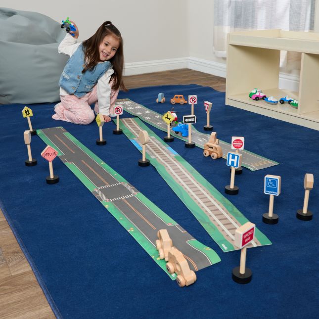 Excellerations® RouteRunner™ Roll Up Roadway Play Mats and Traffic Signs