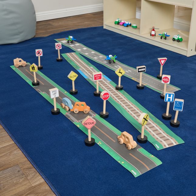 Excellerations® RouteRunner™ Roll Up Roadway Play Mats and Traffic Signs