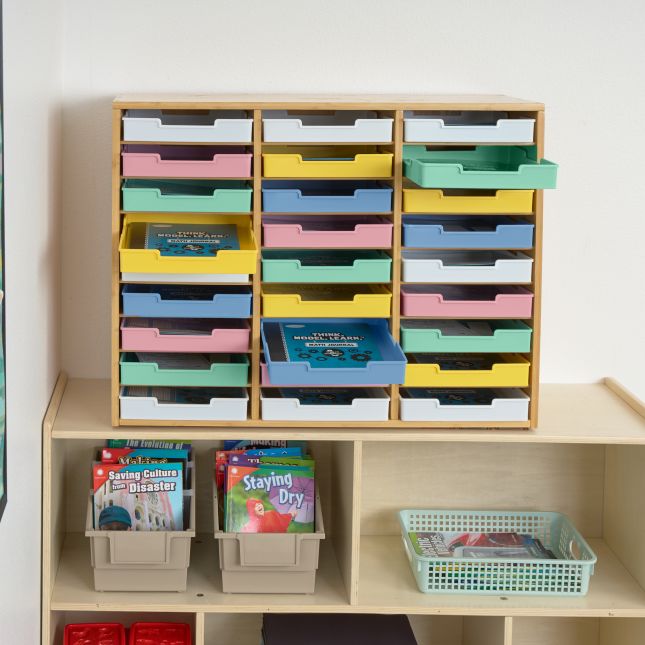 Really Good Stuff® Bamboo 27-Slot Mail Center With Bold Vibes Trays