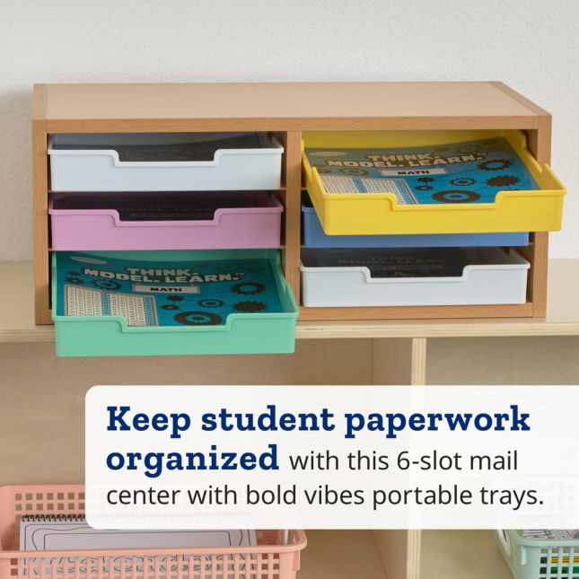 Really Good Stuff® Oak 6-Slot Mail Center With Bold Vibes Trays - 1 mail center, 6 trays