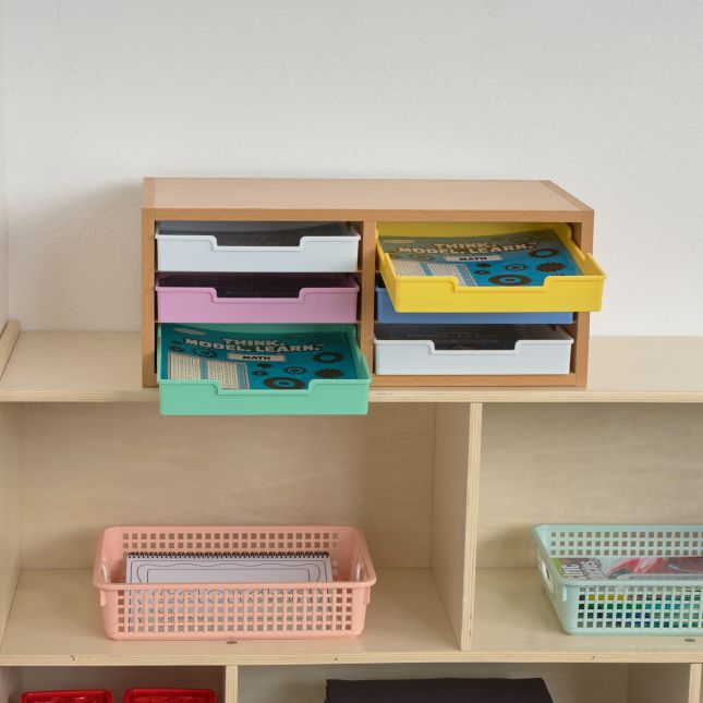 Really Good Stuff® Oak 6-Slot Mail Center With Bold Vibes Trays - 1 mail center, 6 trays