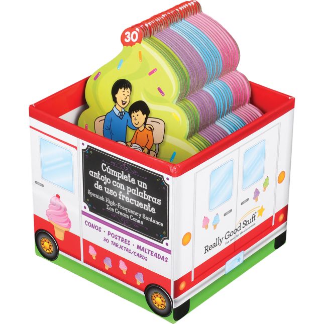 Helados de enunciados de palabras de uso frecuente (Spanish High-Frequency Sentence Ice Cream Cone Cards) - 30 cones, 1 storage box