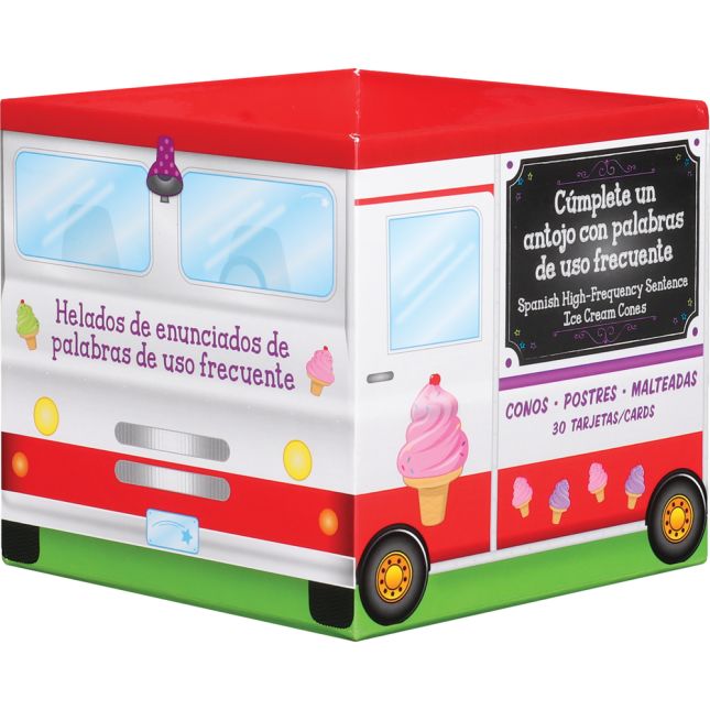 Helados de enunciados de palabras de uso frecuente (Spanish High-Frequency Sentence Ice Cream Cone Cards) - 30 cones, 1 storage box