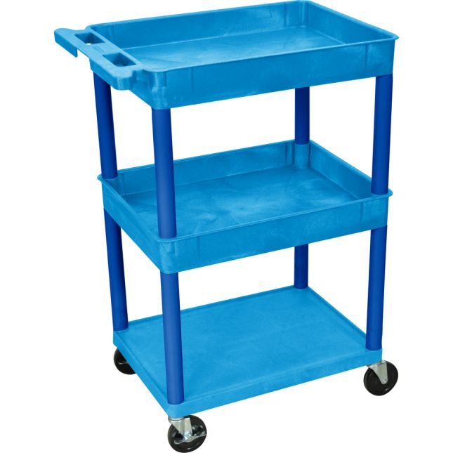 Utility Tub Cart - Blue - Top/Middle Tubs, Bottom Flat Shelf - 1 cart