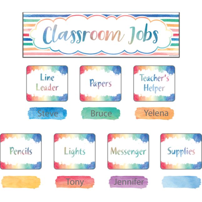 Watercolor Classroom Jobs Bulletin Board Set - 49 pcs