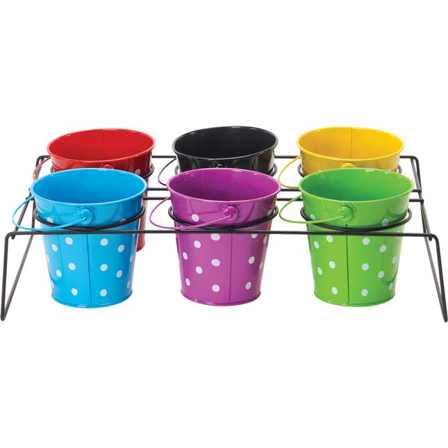 Classroom Supply Caddy With Polka Dot Buckets - 1 caddy, 6 buckets