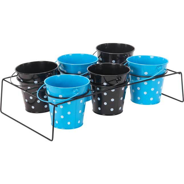 Classroom Supply Caddy With Black And Turquoise Polka Dot Buckets