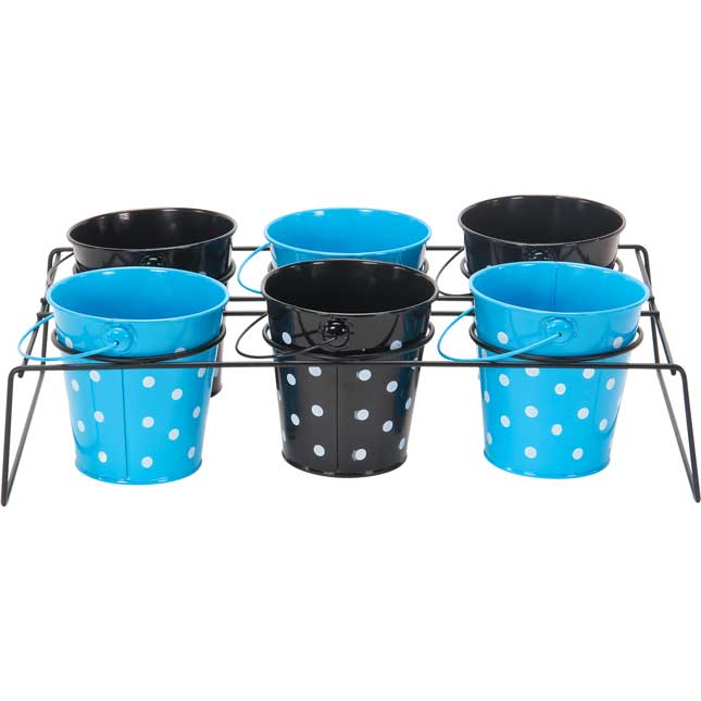 Classroom Supply Caddy With Black And Turquoise Polka Dot Buckets