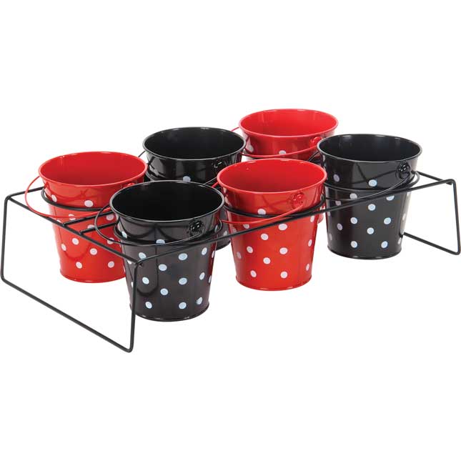 Classroom Supply Caddy With Black And Red Polka Dot Buckets