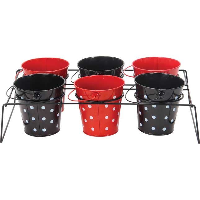 Classroom Supply Caddy With Black And Red Polka Dot Buckets