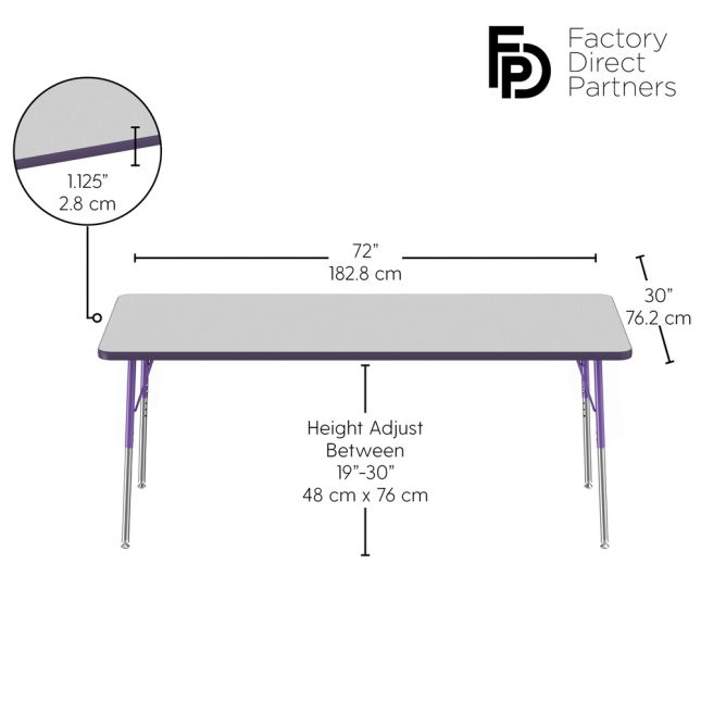 30" x 72" Rectangle Activity Table with Adjustable Swivel Glide Legs - Gray/Purple