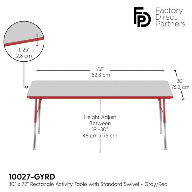 30" x 72" Rectangle Activity Table with Adjustable Swivel Glide Legs - Gray/Red