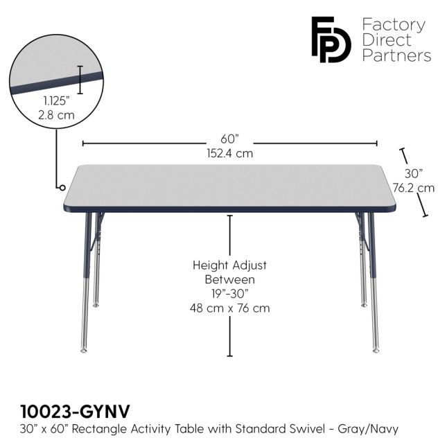 30" x 60" Rectangle Activity Table with Adjustable Swivel Glide Legs - Gray/Navy