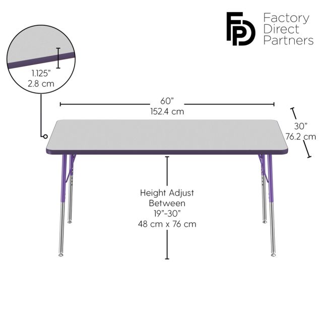 30" x 60" Rectangle Activity Table with Adjustable Swivel Glide Legs - Gray/Purple